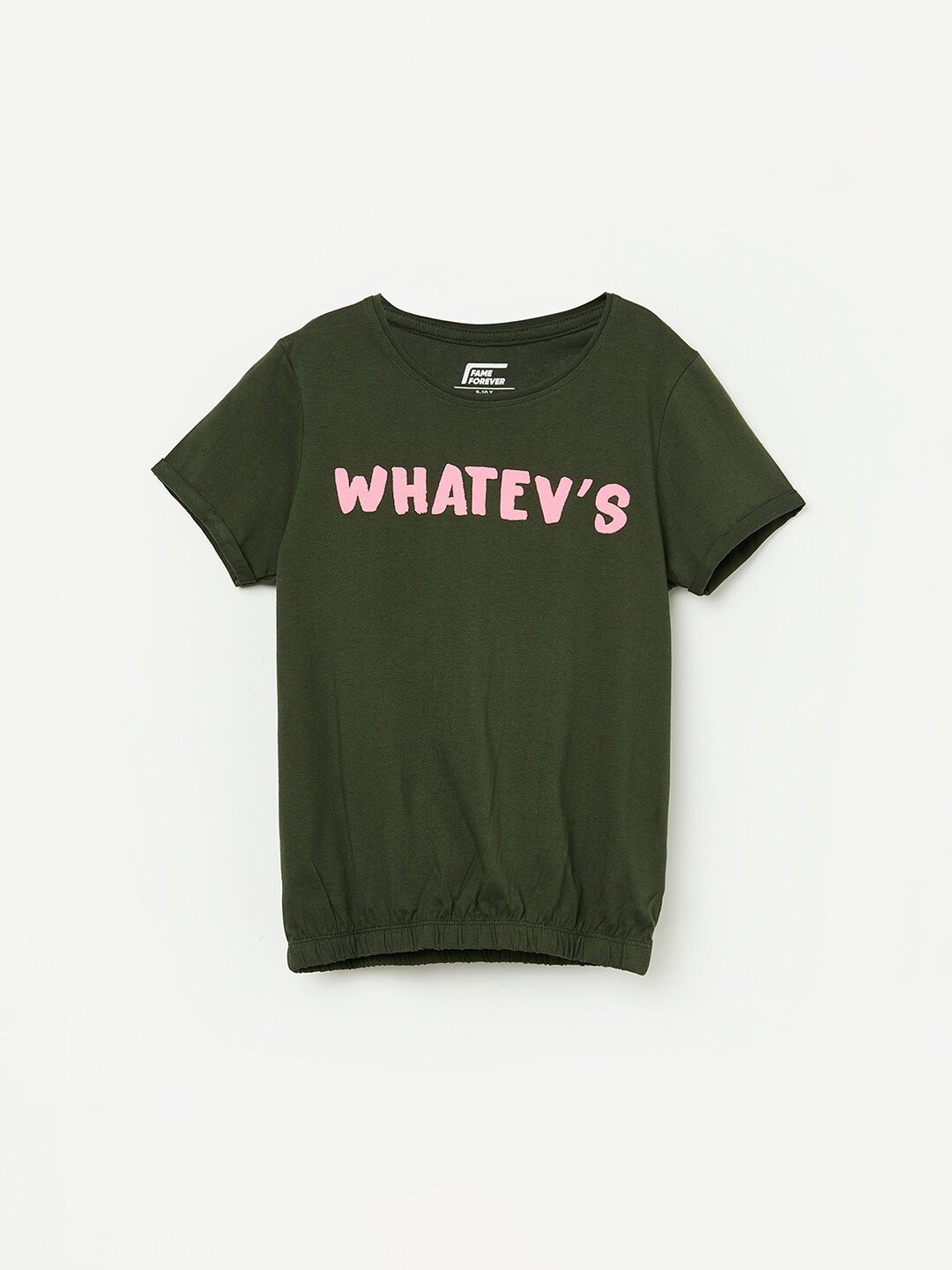

Fame Forever by Lifestyle Girls Olive Green Typography Print Pure Cotton Blouson Top