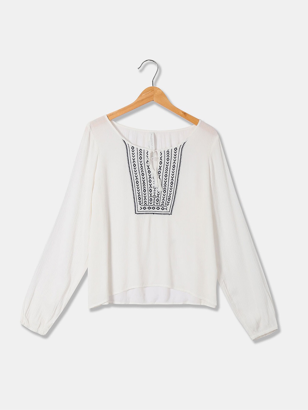 

Aeropostale White Embroidered Tie-Up Neck Top
