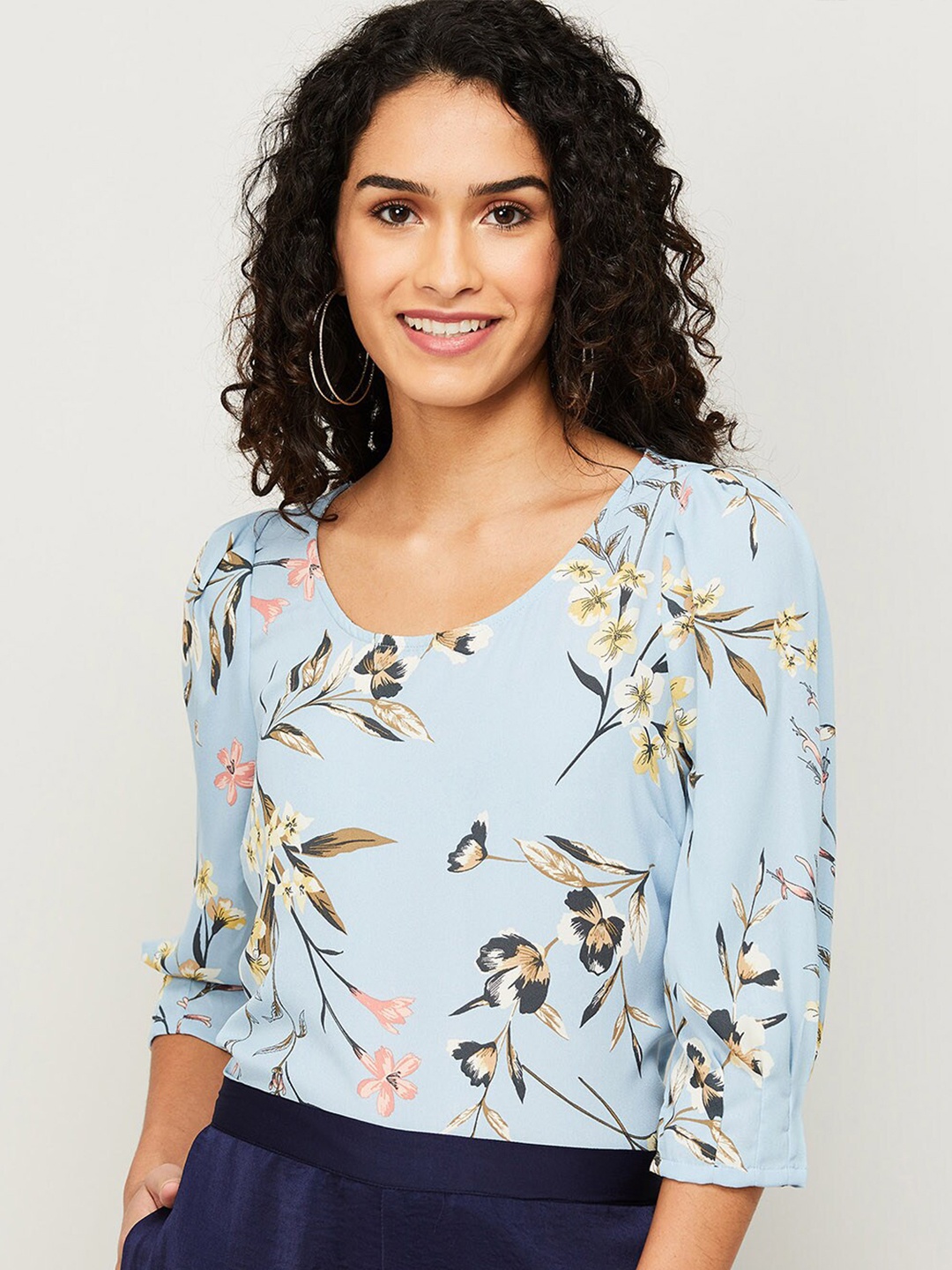 

CODE by Lifestyle Blue & Green Floral Print Puff Sleeves Pure Cotton Top