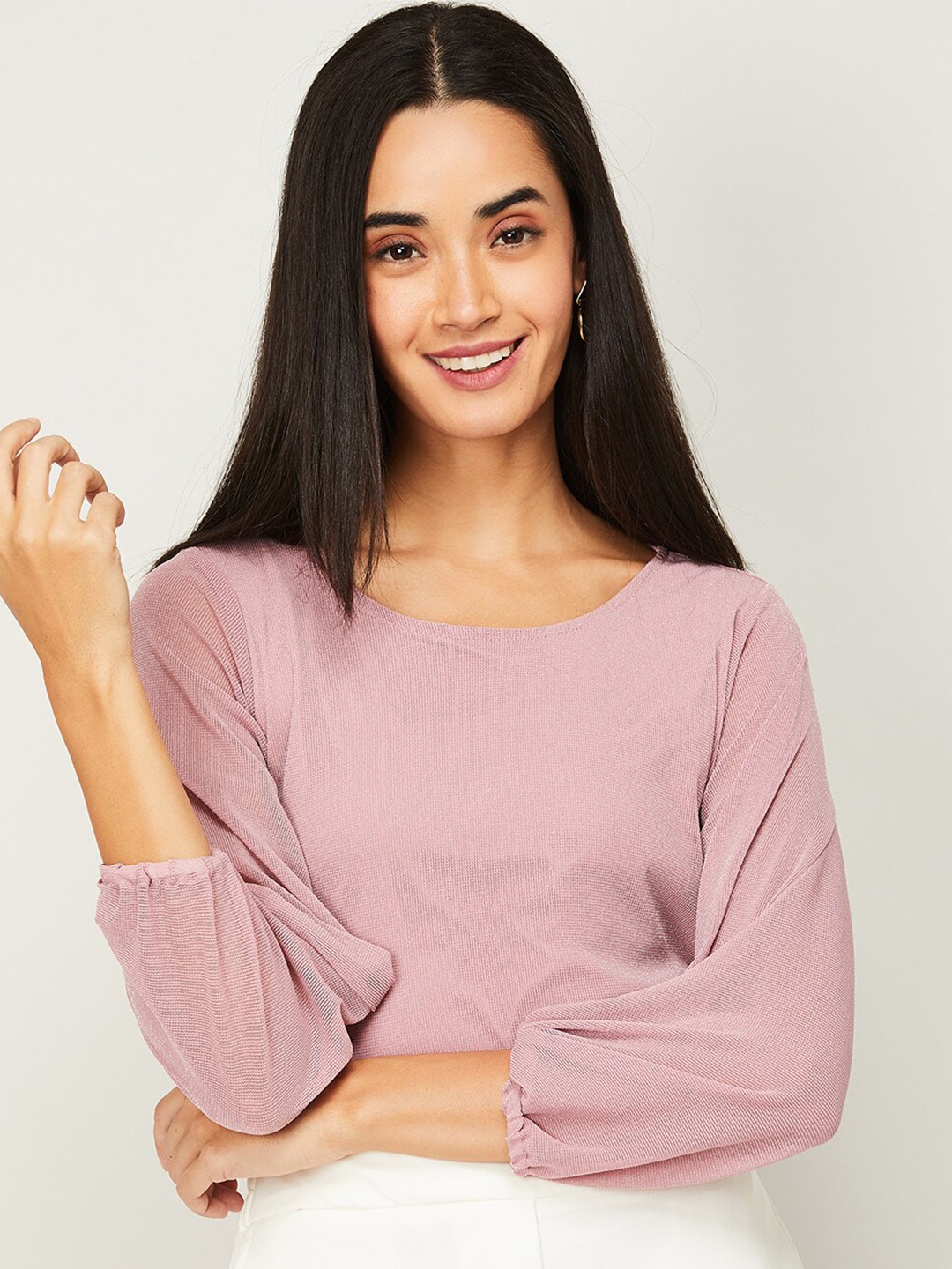 

CODE by Lifestyle Pink Solid Puff Sleeves Top