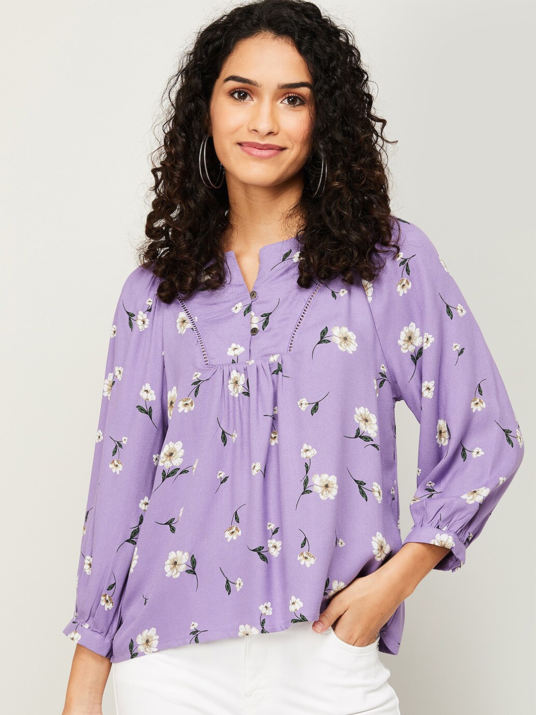 

Fame Forever by Lifestyle Purple Floral Print Mandarin Collar Top