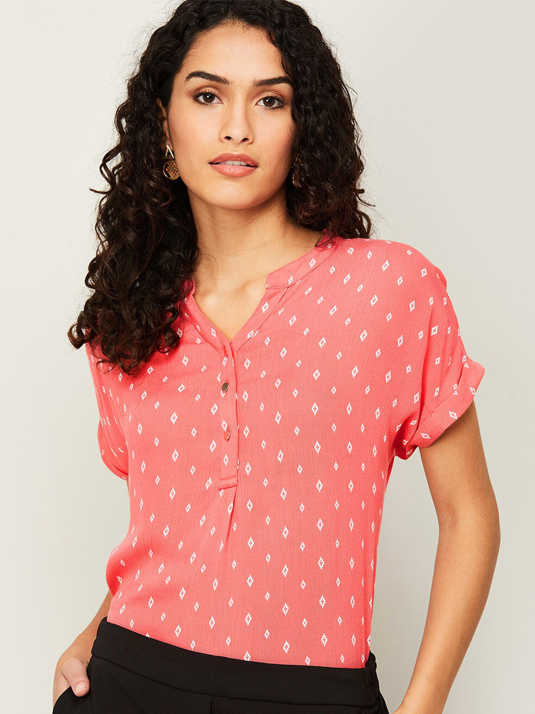 

Fame Forever by Lifestyle Women Coral Printed Extended Sleeves Shirt Style Top