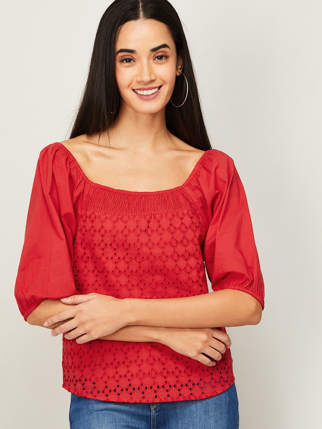 

Fame Forever by Lifestyle Red Puff Sleeves Schiffli Top