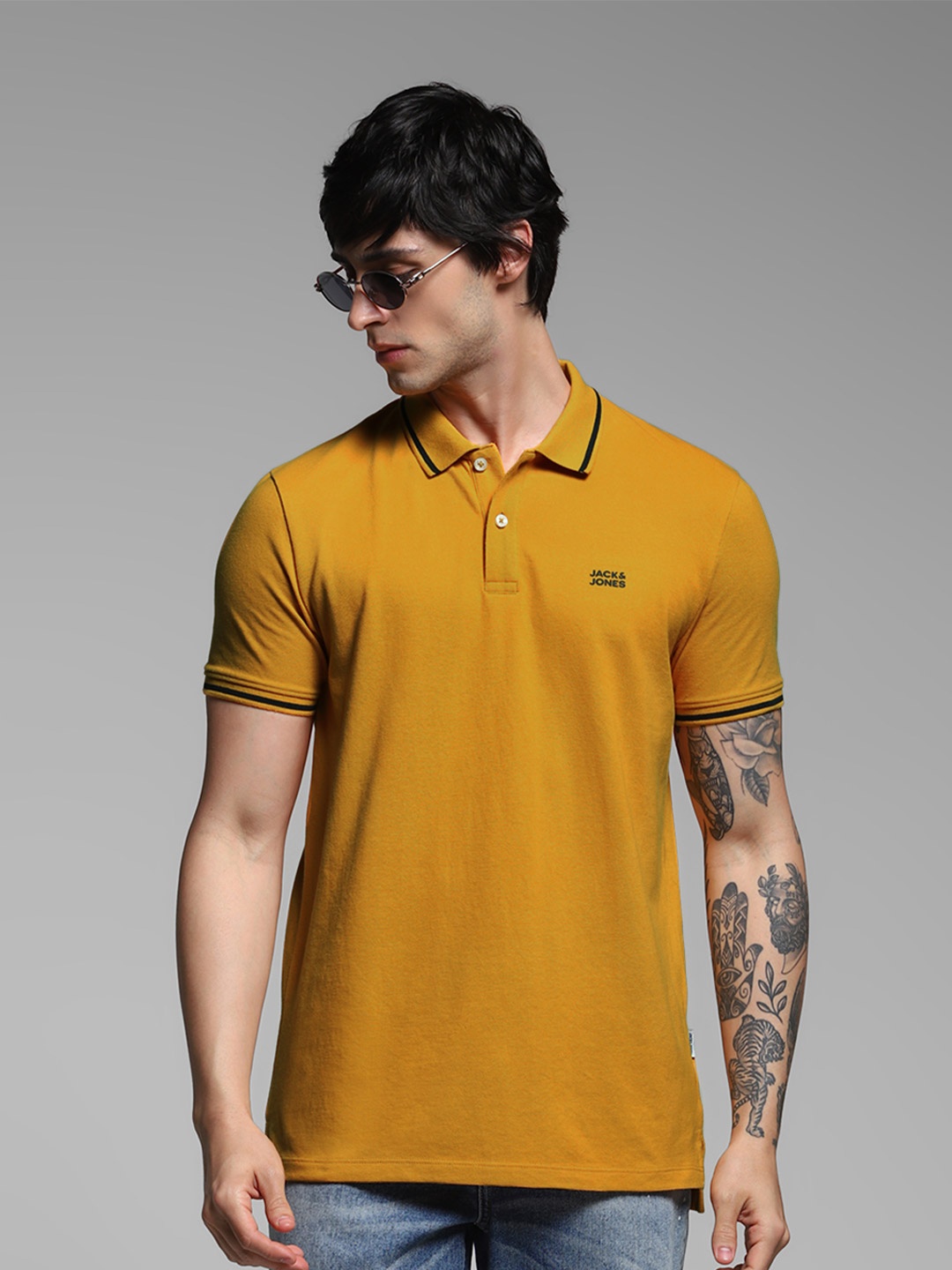 

Jack & Jones Men Yellow Solid Polo Collar Cotton T-shirt