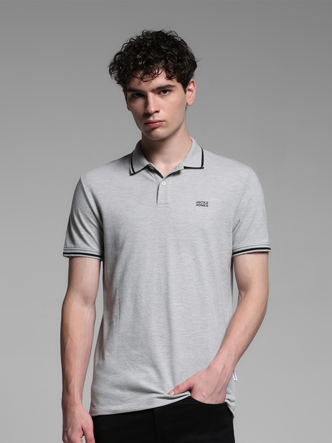

Jack & Jones Men Grey Polo Collar Cotton Lounge T-shirt