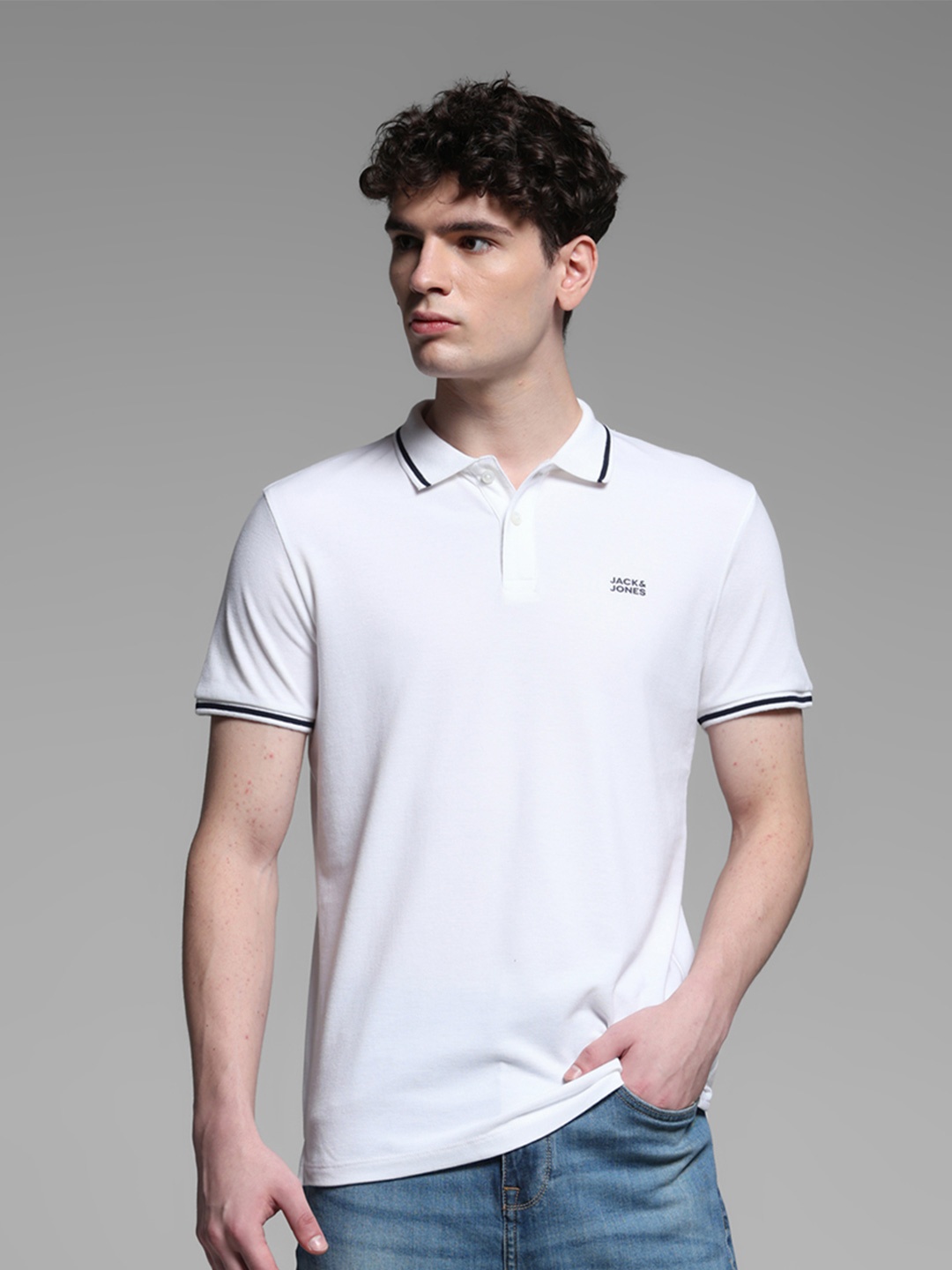 

Jack & Jones Men White Polo Collar Cotton Lounge T-shirt
