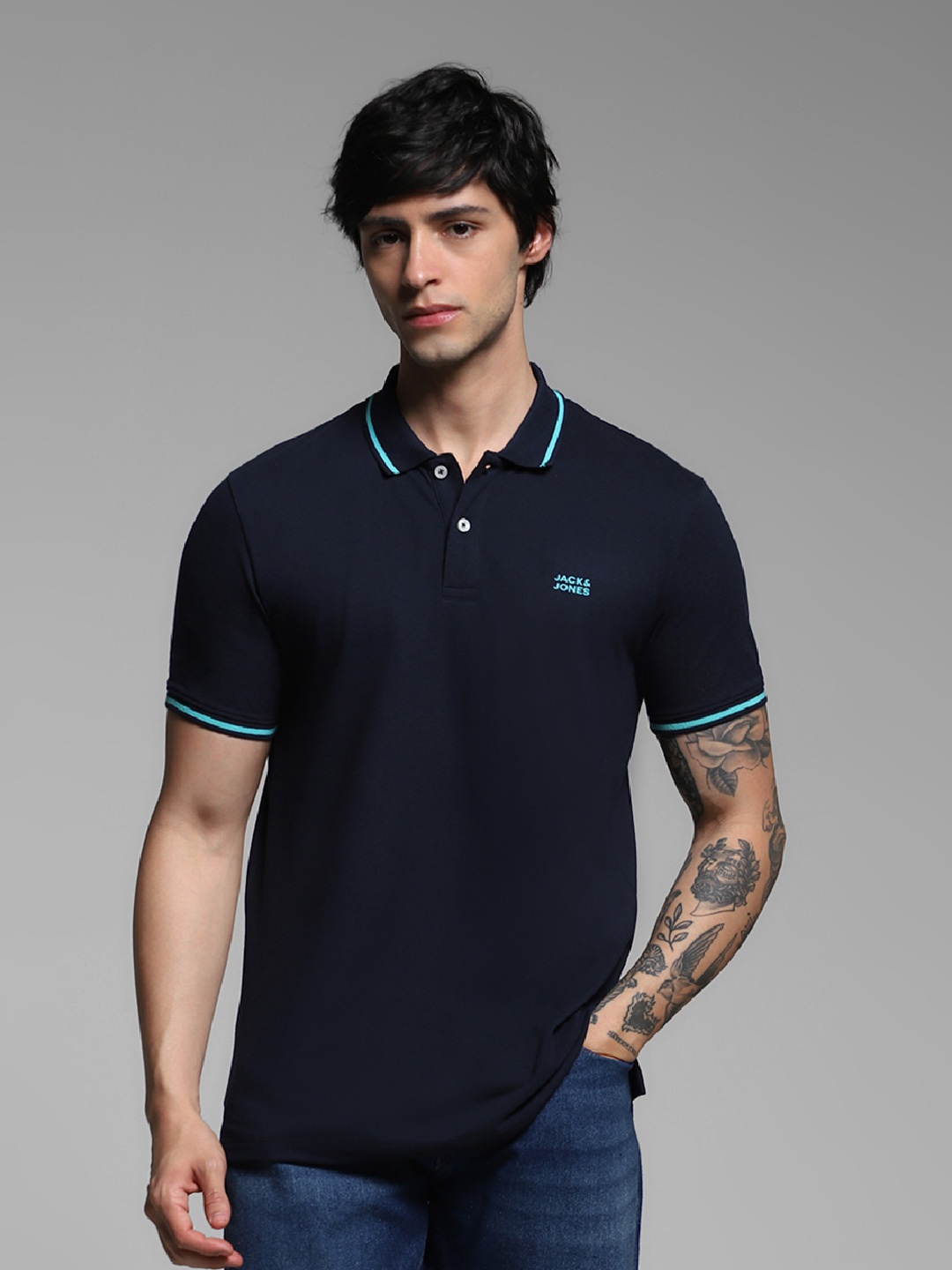 

Jack & Jones Men Navy Blue Polo Collar Cotton Lounge T-shirt