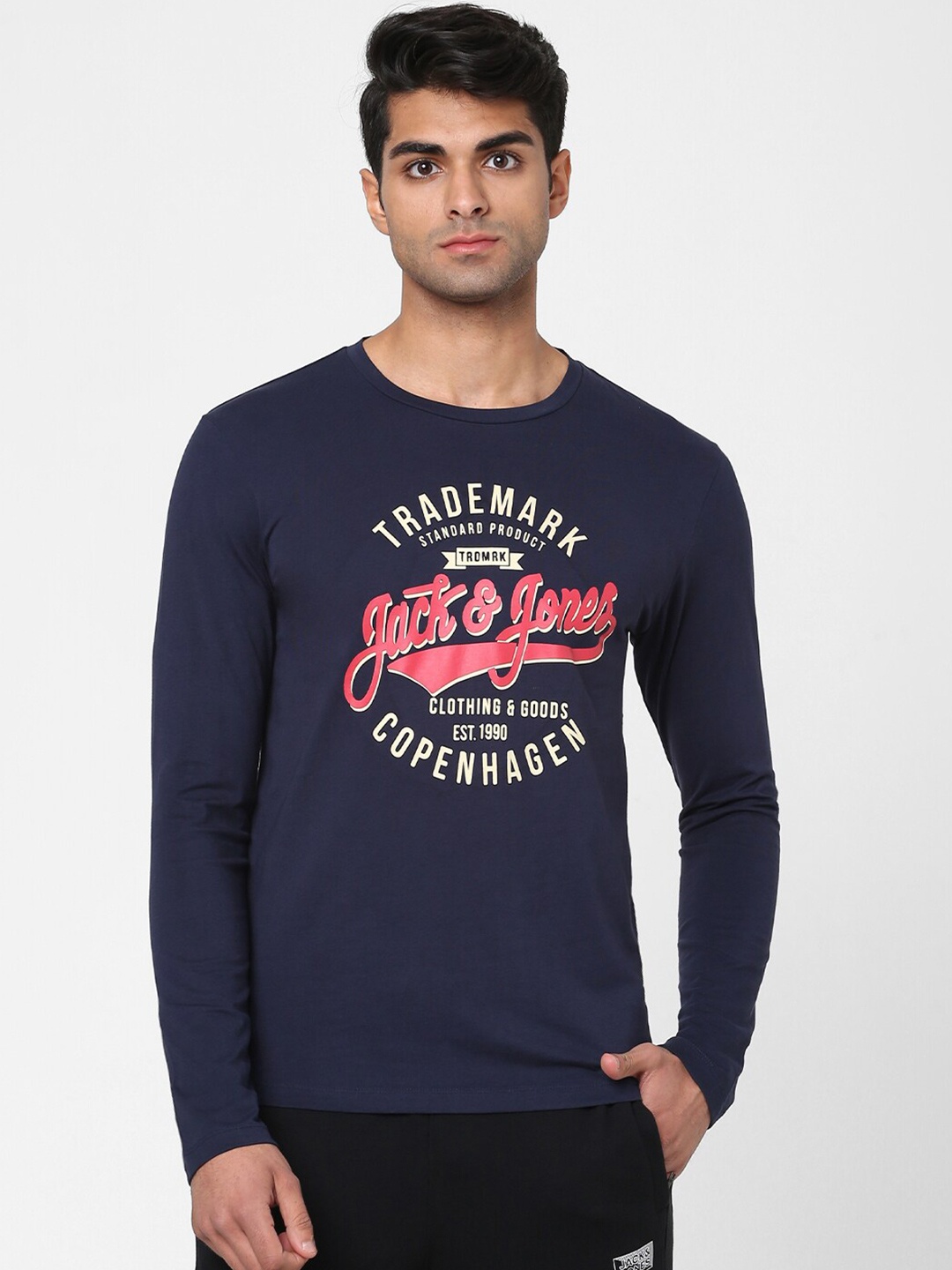 Jack & Jones Men Navy Blue Typography Printed Cotton Lounge T-shirt