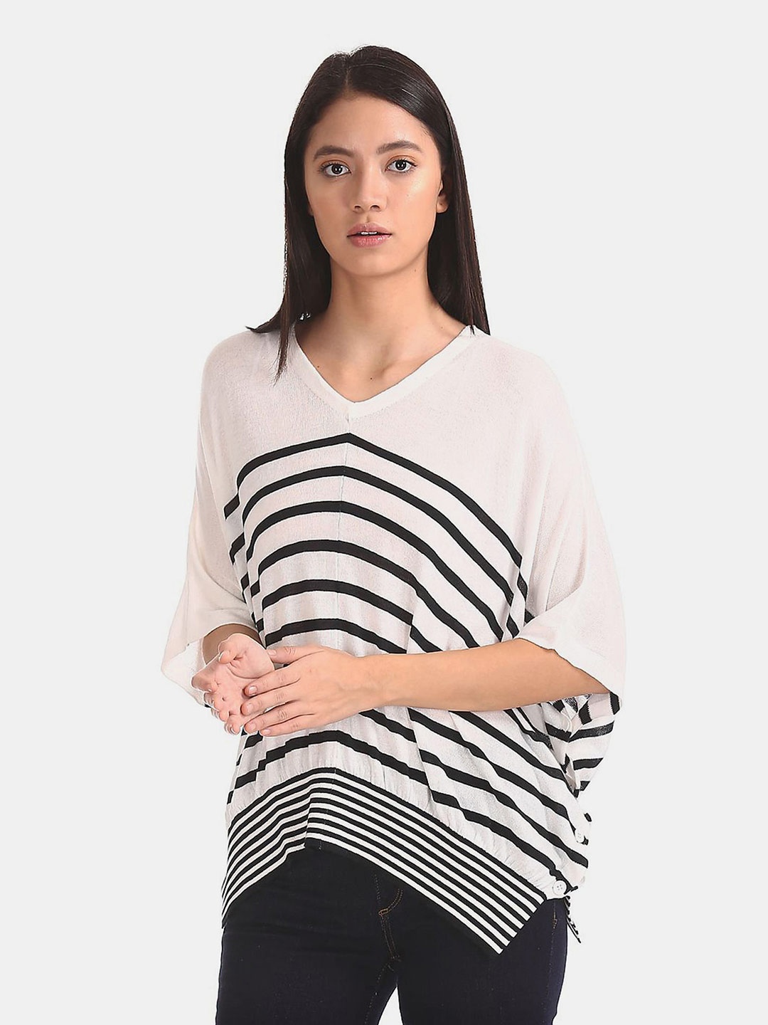 

U S Polo Assn White & Black Striped Kaftan Top