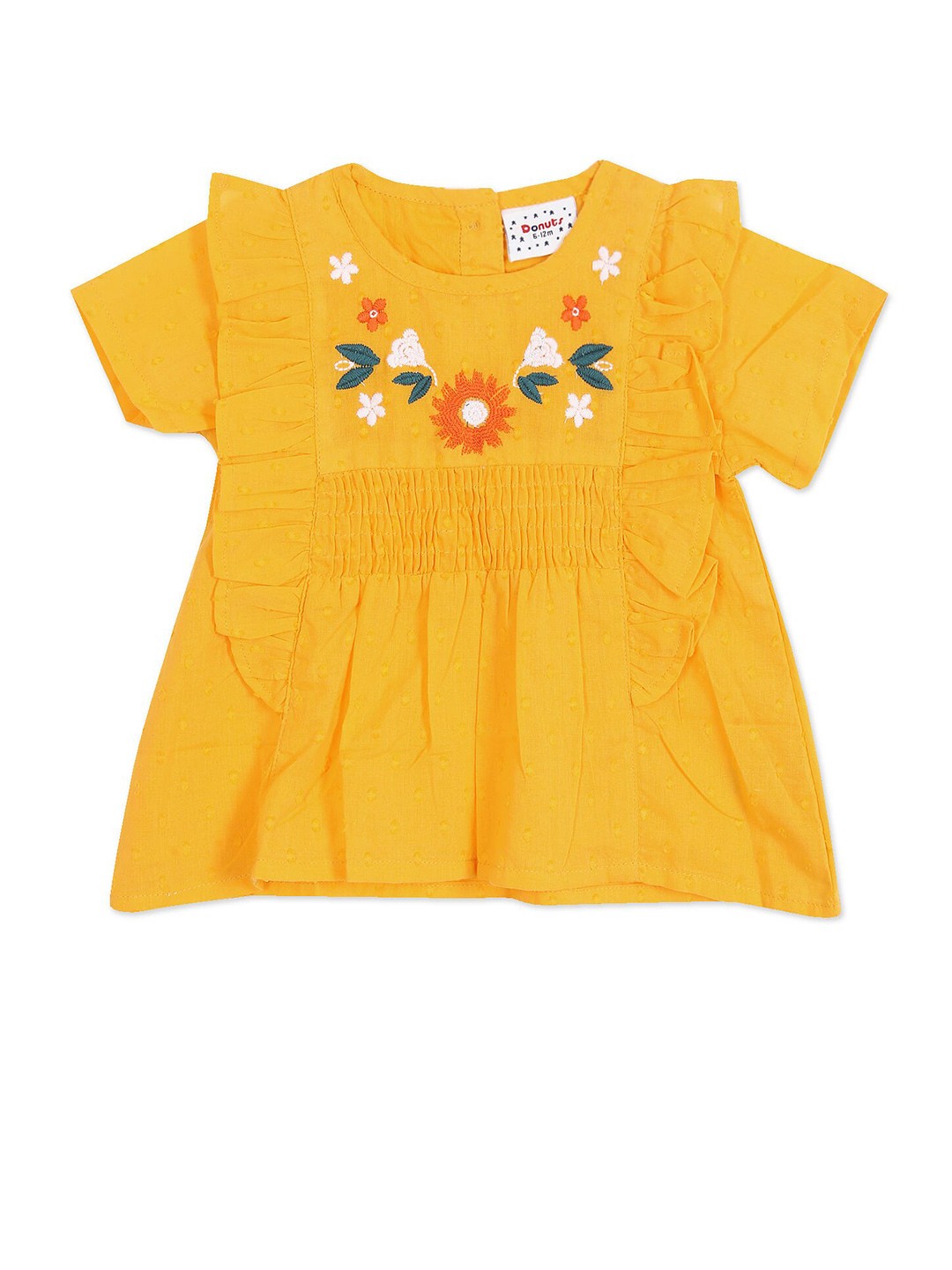 

Donuts Yellow Floral Embroidered Ruffles Top