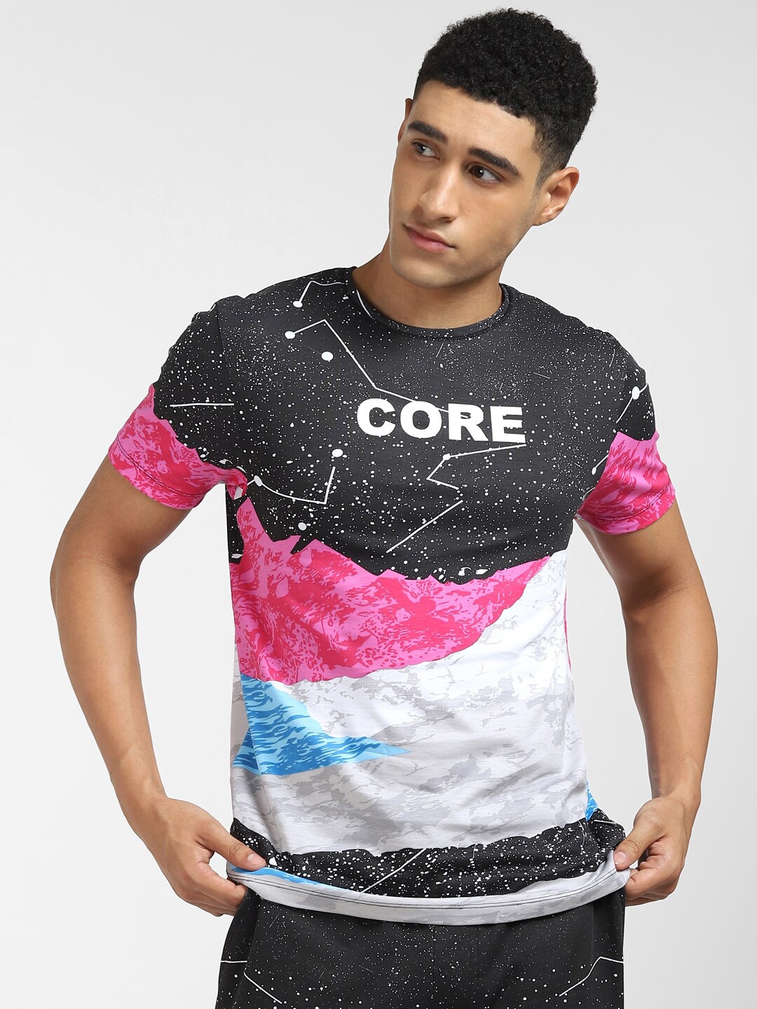 

Jack & Jones Men Black & Pink Colourblocked Slim Fit Cotton T-shirt