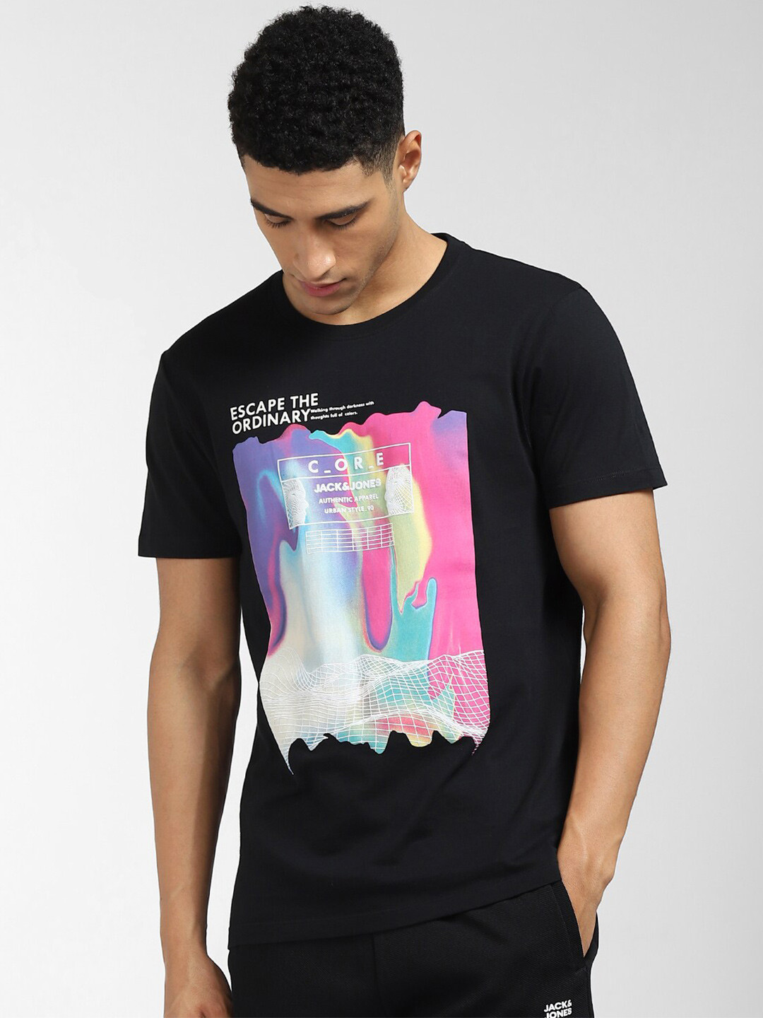 

Jack & Jones Men Black Printed Cotton T-shirt