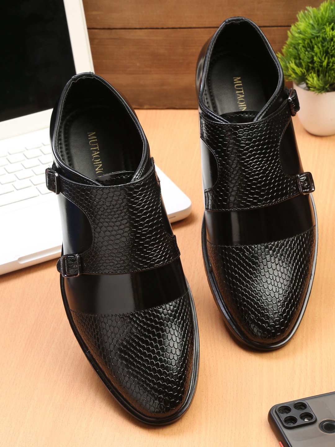 

MUTAQINOTI Men Black Textured Patent Leather Formal Monk Shoes