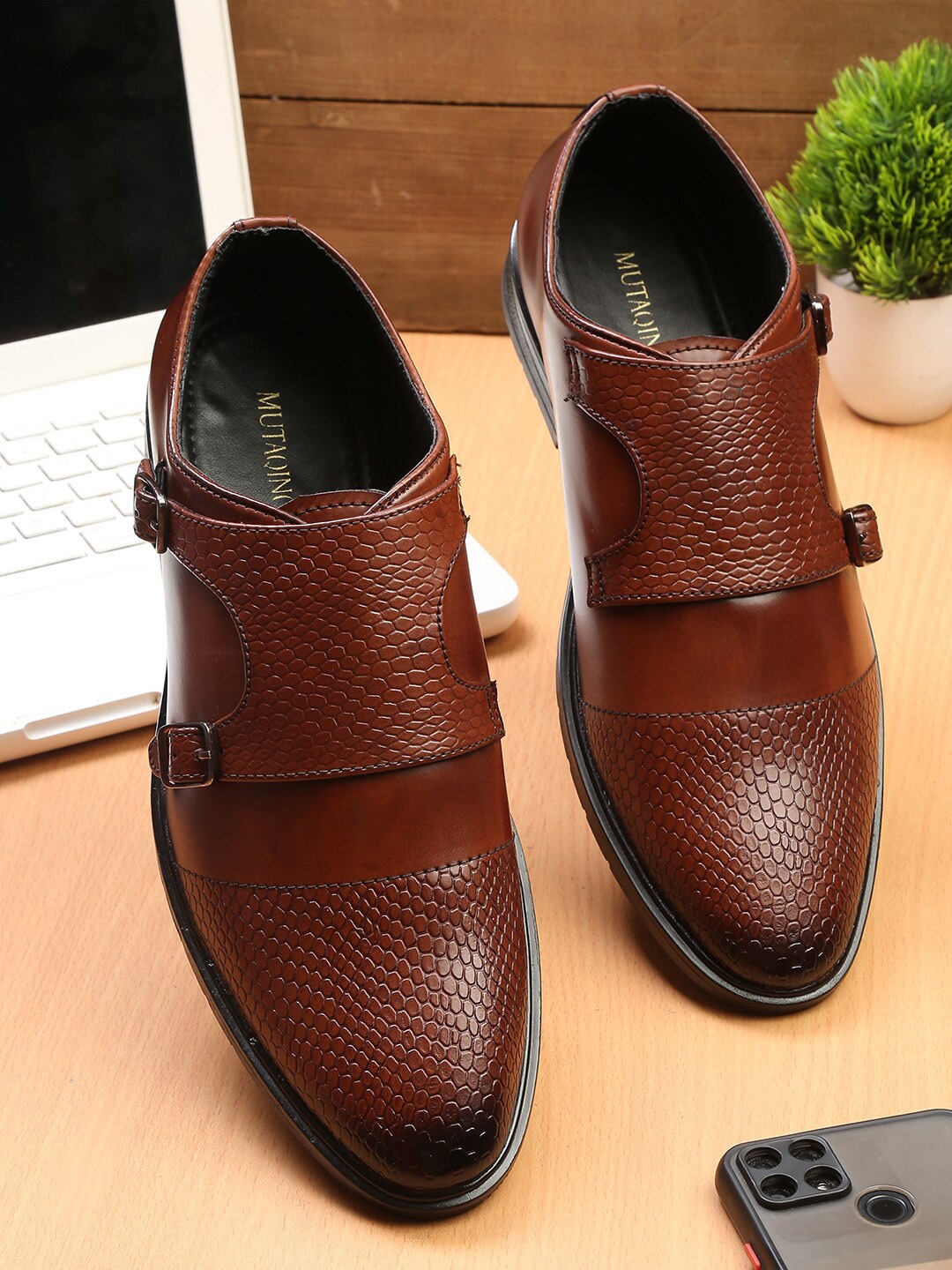 

MUTAQINOTI Men Brown Textured Patent Leather Formal Monk Shoes