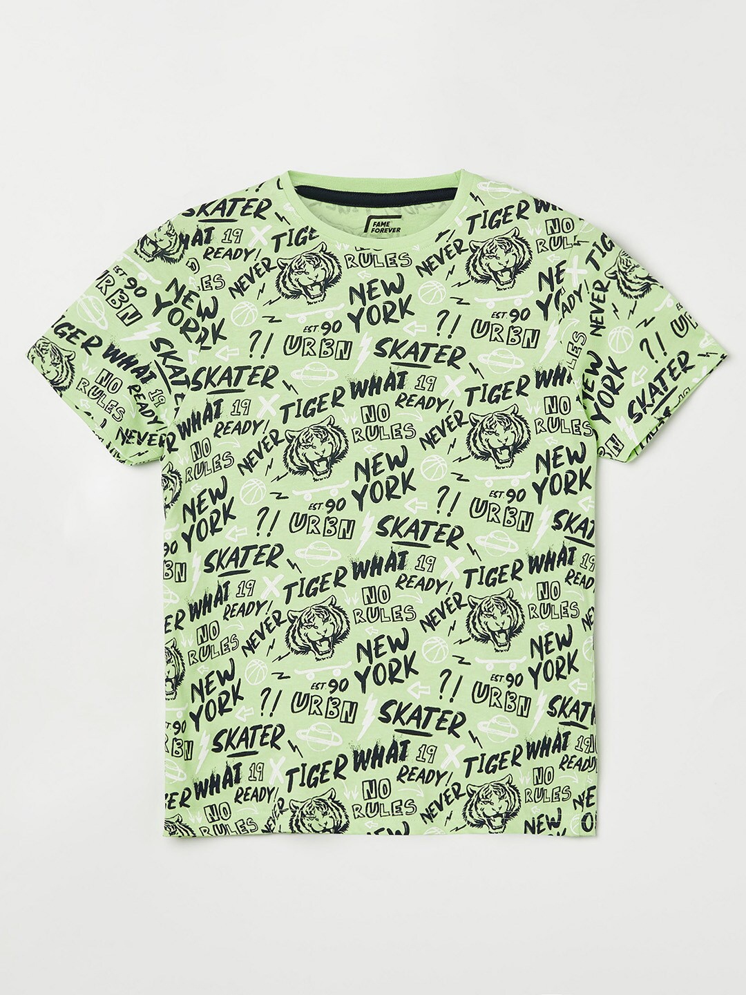 

Fame Forever by Lifestyle Boys Green Typography Printed Pure Cotton T-shirt