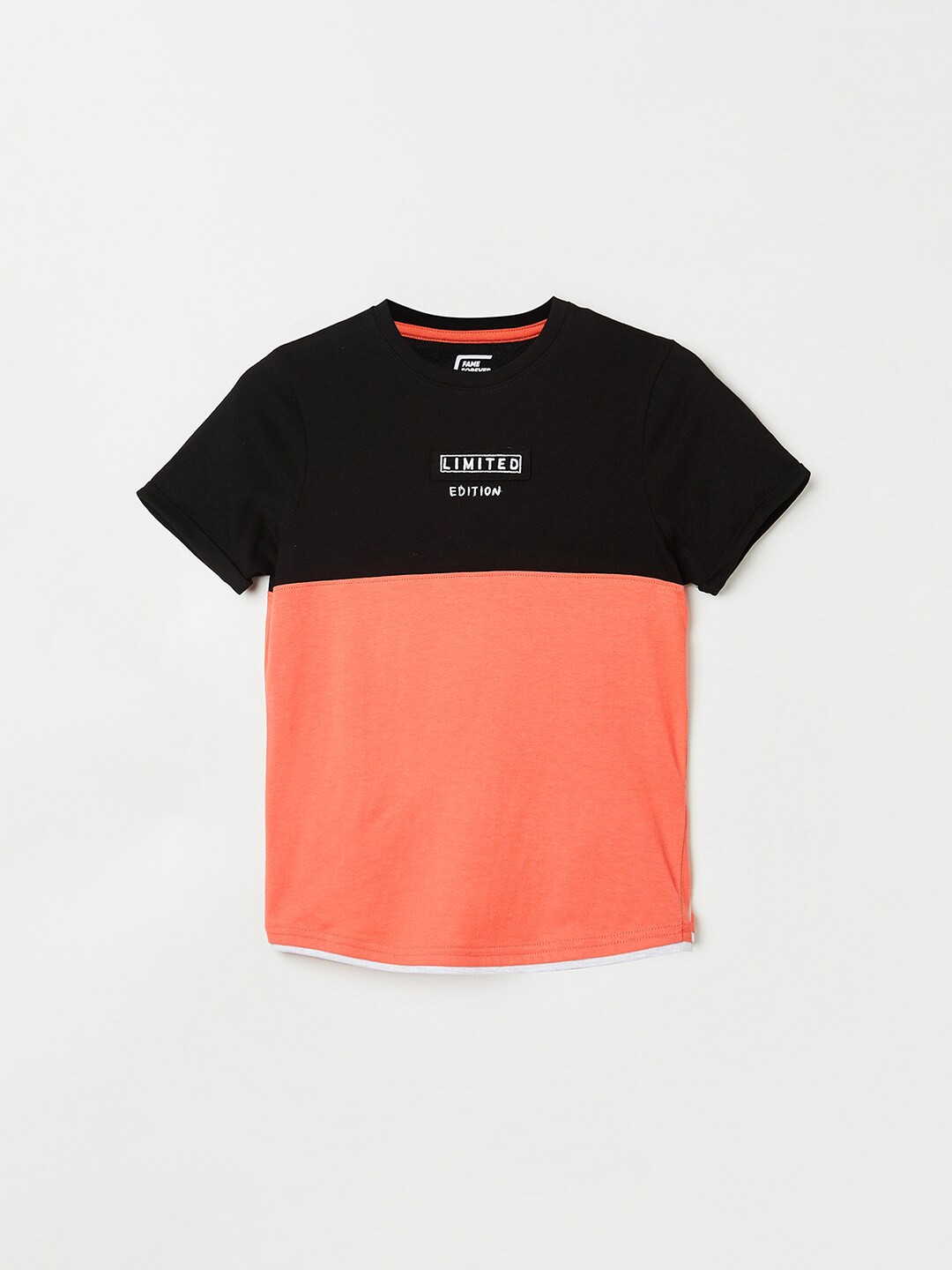 

Fame Forever by Lifestyle Boys Coral & Black Colourblocked Pure Cotton T-shirt
