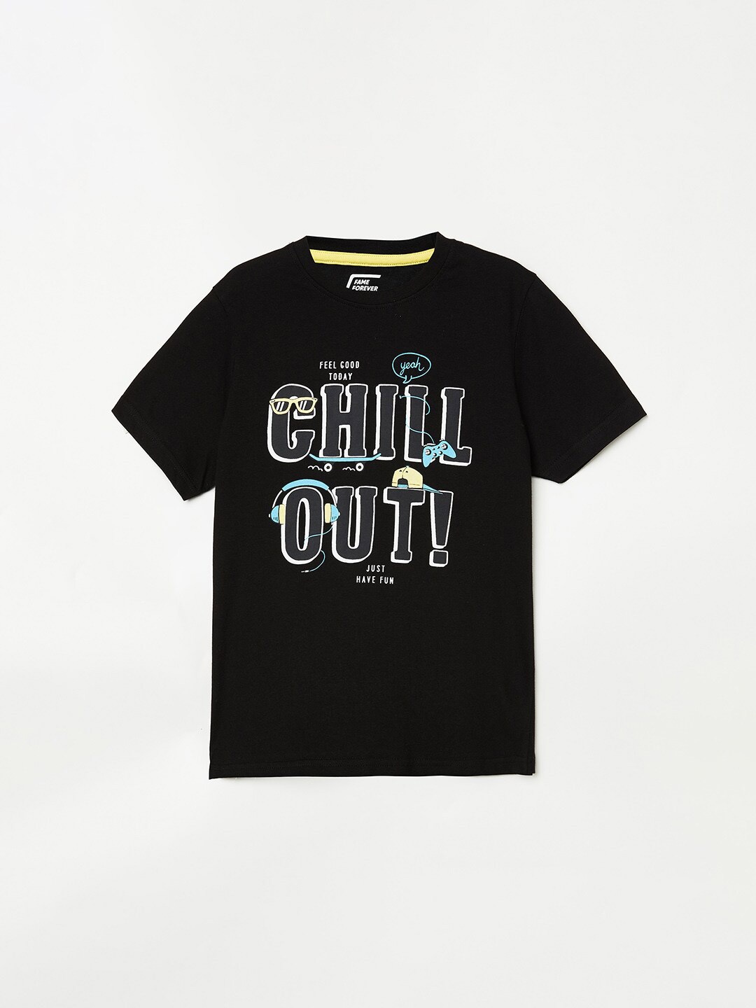 

Fame Forever by Lifestyle Boys Black Typography Printed Pure Cotton T-shirt
