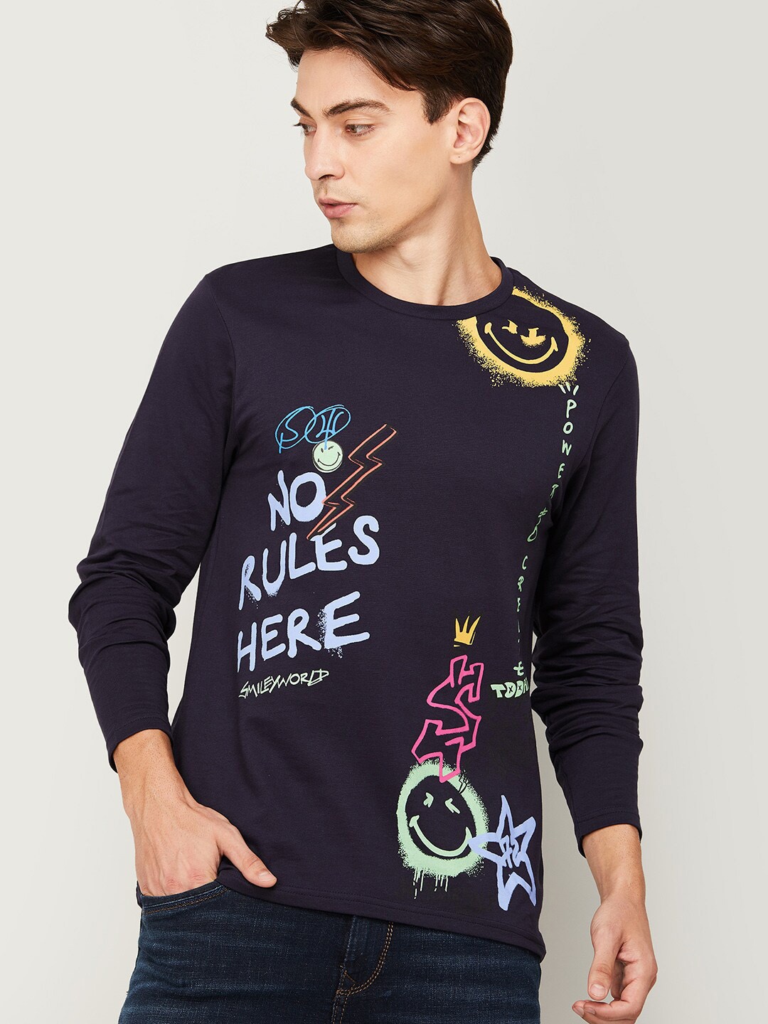 SmileyWorld Men Navy Blue Typography Printed Slim Fit T-shirt