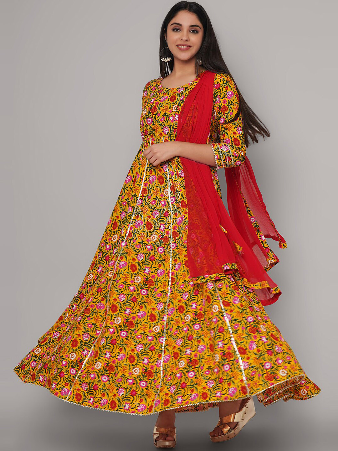

Sanganeri Kurti Women Yellow Ethnic Motifs Printed Floral Anarkali Kurta