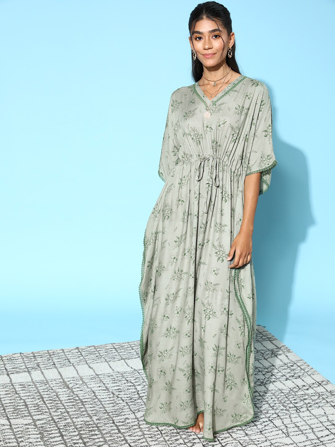 

beebelle Women Green Printed Kaftan Maxi Nightdress