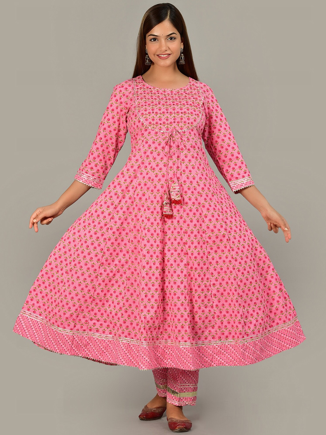 

KALINI Women Pink Ethnic Motifs Printed Panelled Pure Cotton Kurta with Trousers & With Dupatta