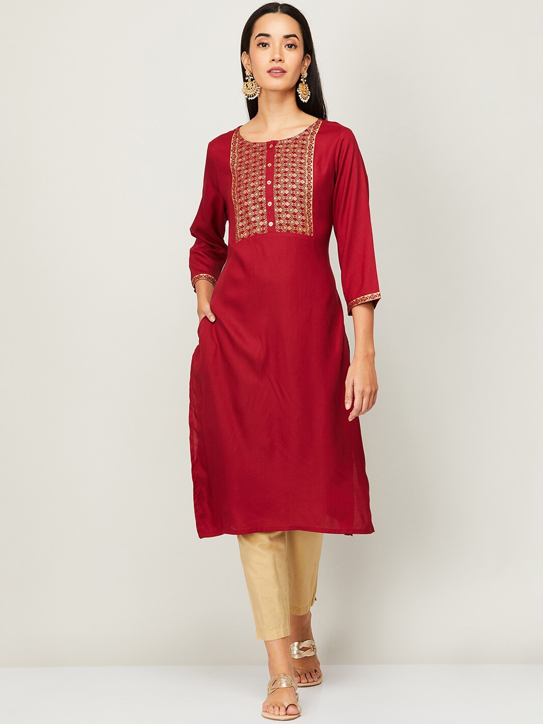 

Melange by Lifestyle Women Maroon Ethnic Motifs Yoke Design Kurta