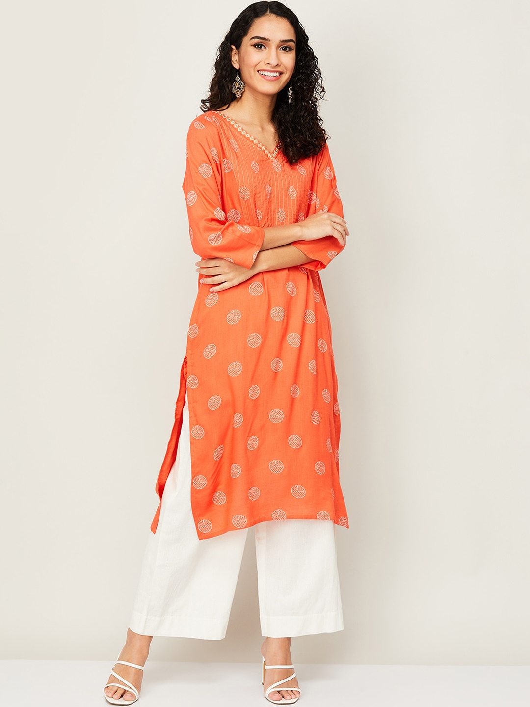 

Melange by Lifestyle Women Orange & White Geometric Printed Kurta