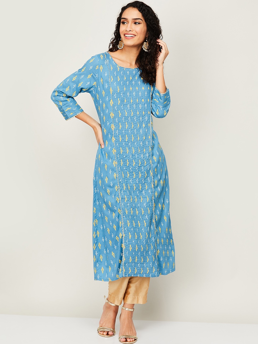 

Melange by Lifestyle Women Blue & Yellow Ethnic Motifs Printed Kurta