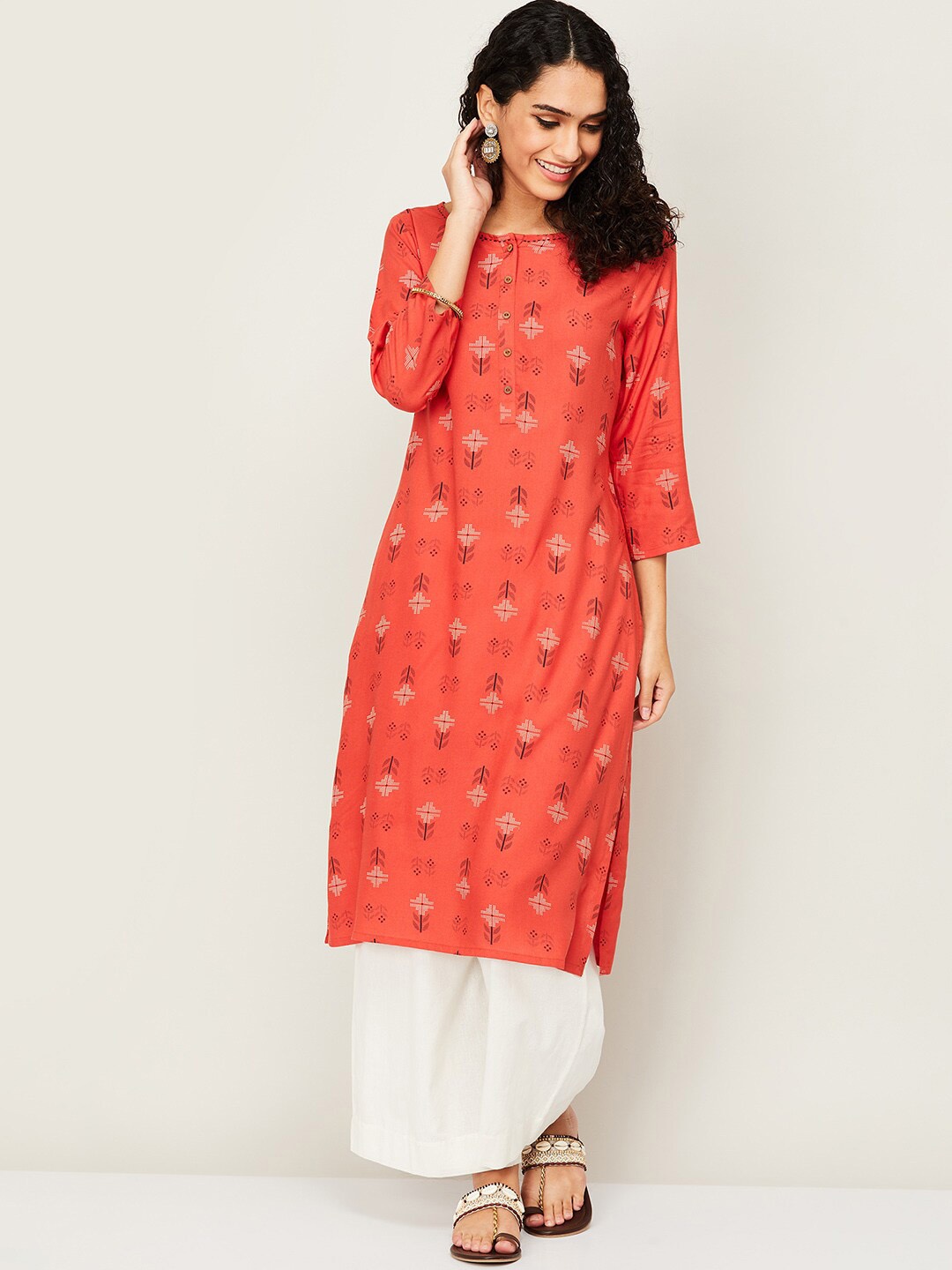 

Melange by Lifestyle Women Brown Ethnic Motifs Cotton Printed Kurta