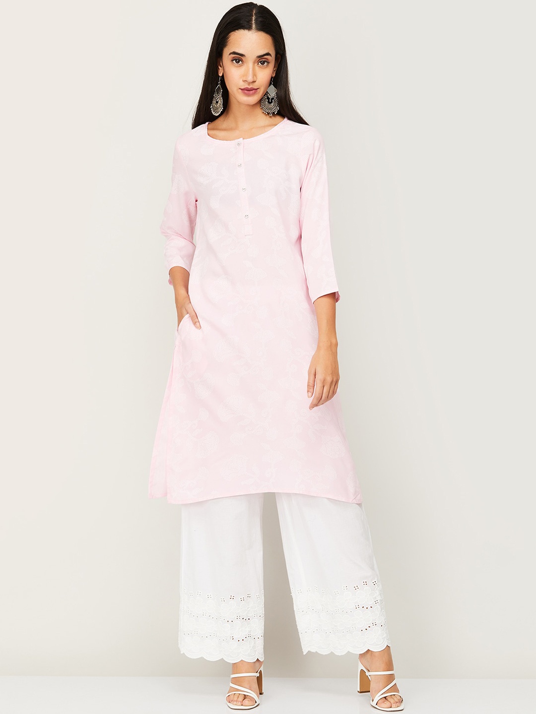 

Melange by Lifestyle Women Pink & White Floral Printed Kurta