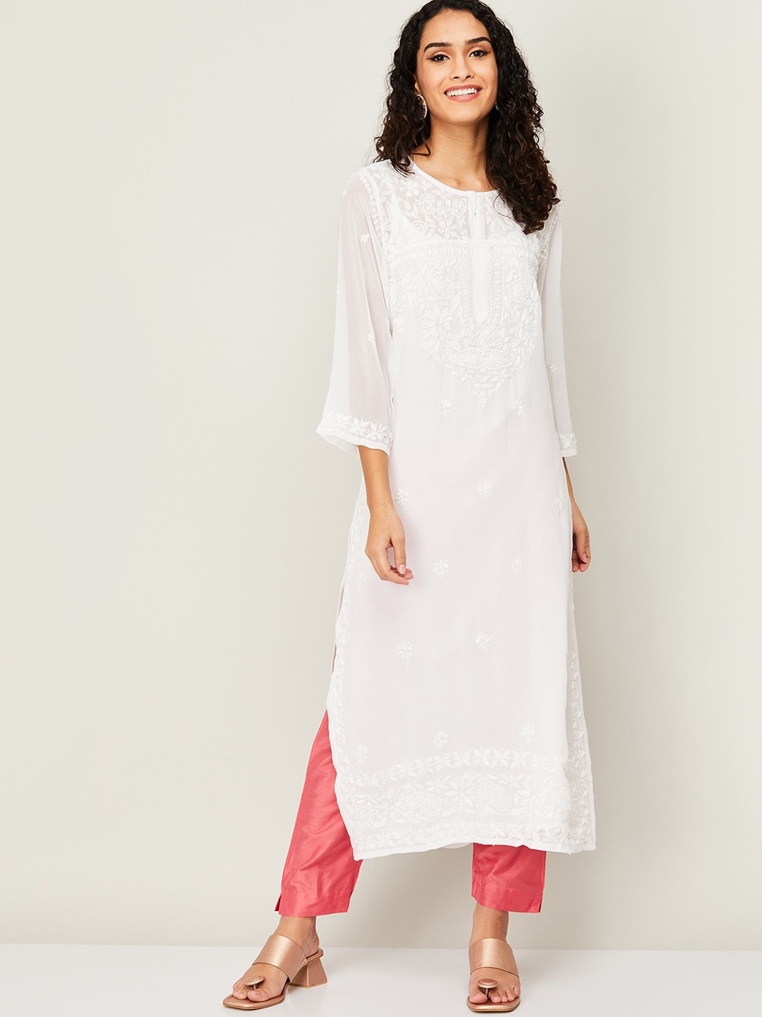 

Melange by Lifestyle Women White Ethnic Motifs Embroidered Chikankari Kurta