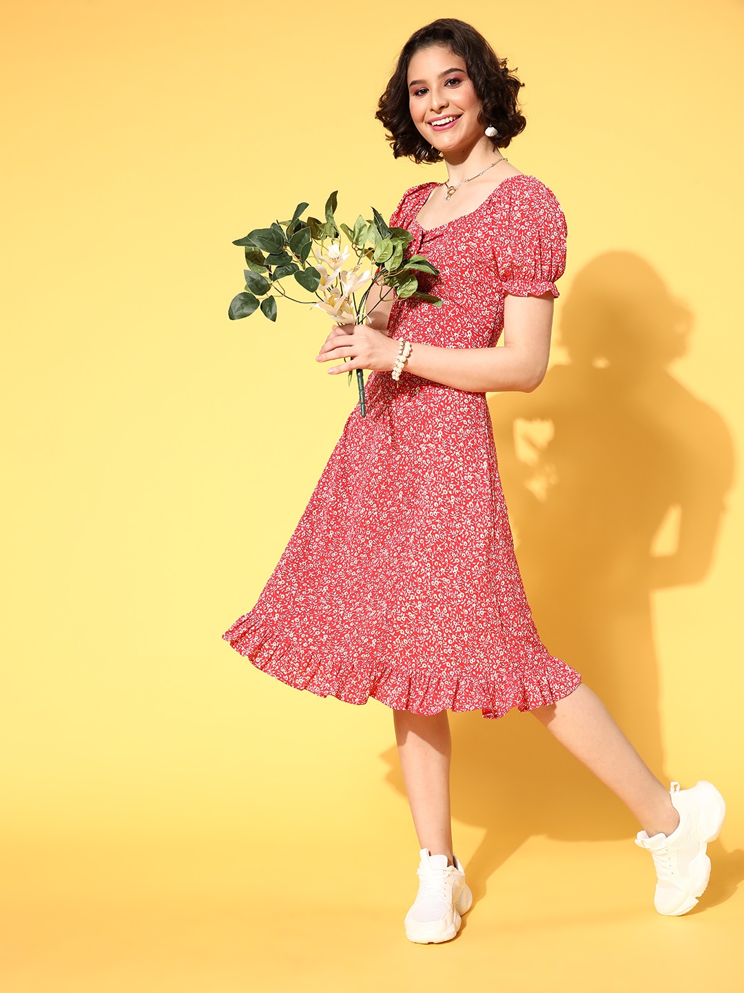 

Berrylush Red Floral Crepe A-Line Midi Dress
