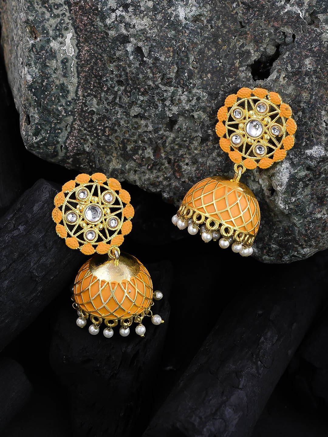 

Silvermerc Designs Gold-Plated Orange Dome Shaped Jhumkas Earrings
