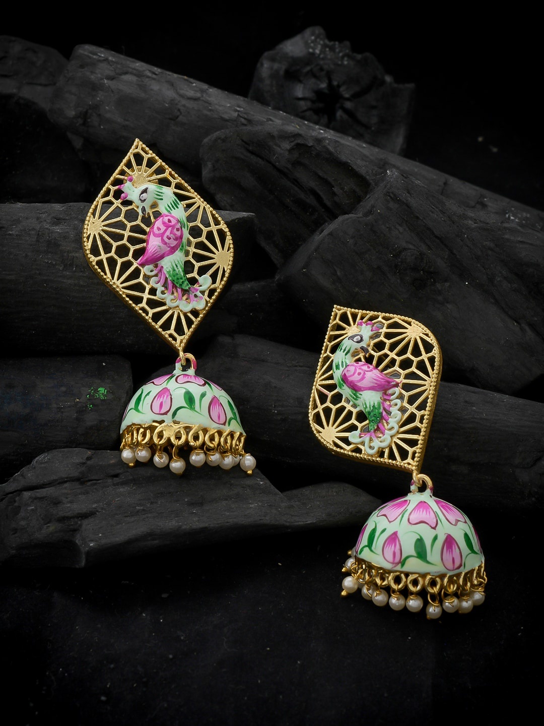 

Silvermerc Designs Gold-Toned & Pink Ethnic Jhumkas Earrings