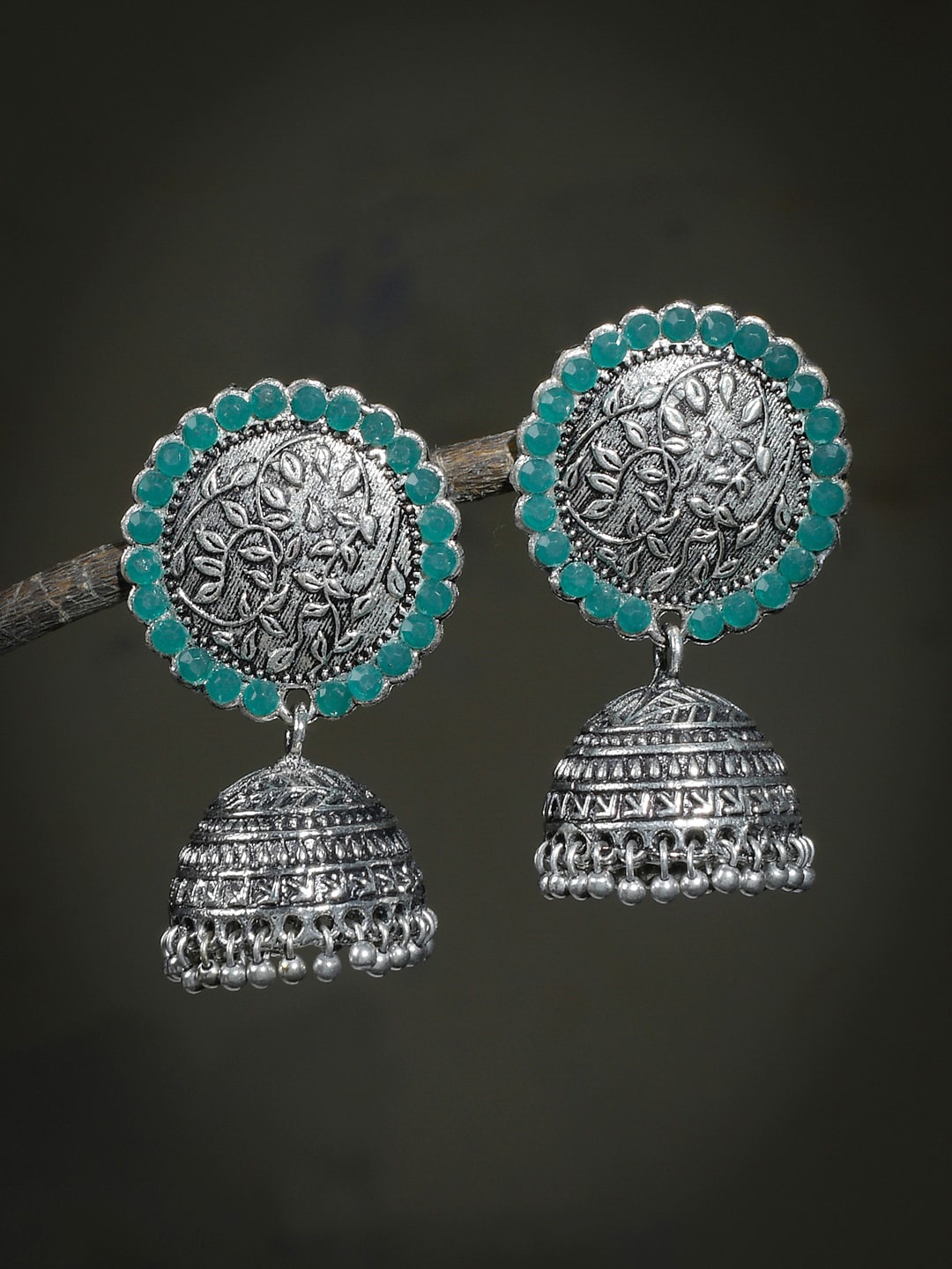 

Silvermerc Designs Silver-Plated Green Oxidised Dome Shaped Jhumkas Earrings