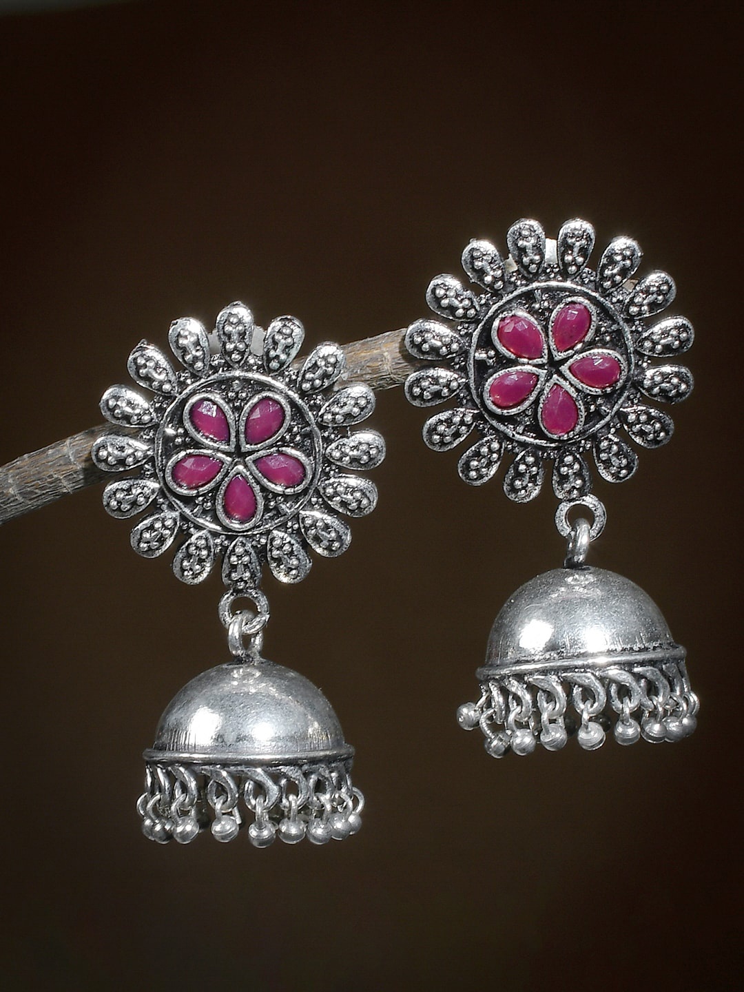 

Silvermerc Designs Silver-Toned & Pink Oxidised Jhumkas Earrings