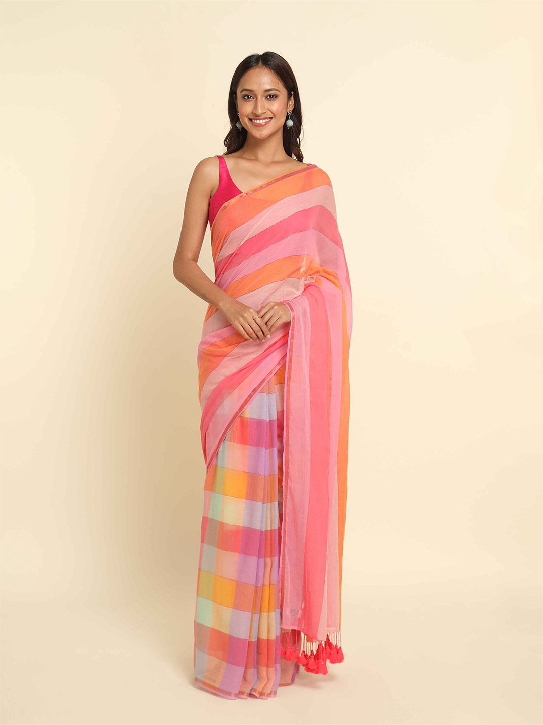 

Suta Pink & Orange Striped Saree