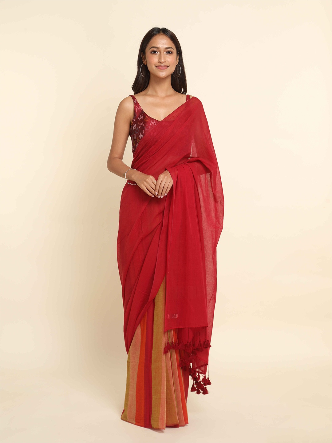 

Suta Maroon & Brown Striped Zari Pure Cotton Saree