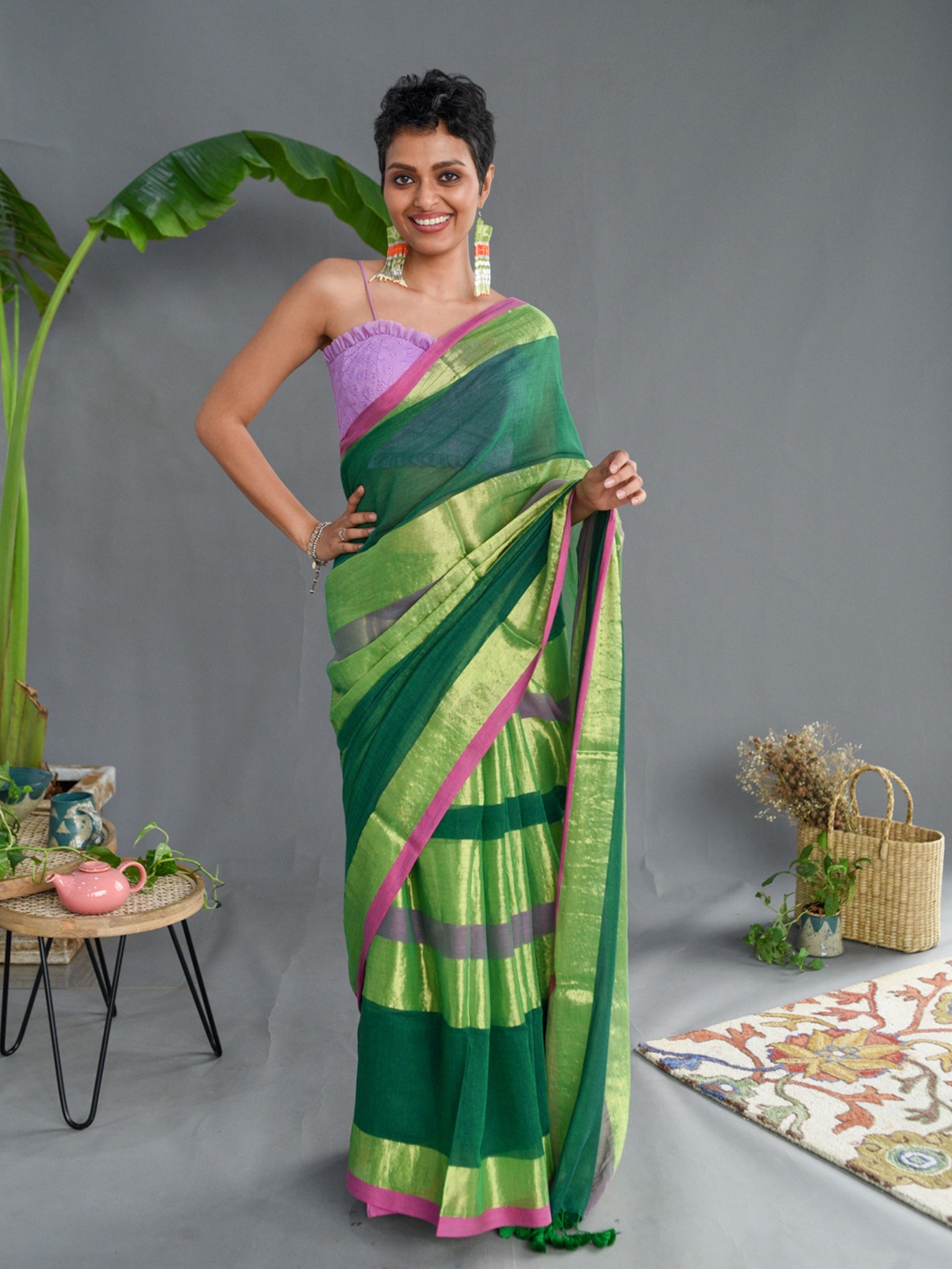 Suta Green & Gold-Toned Striped Zari Saree