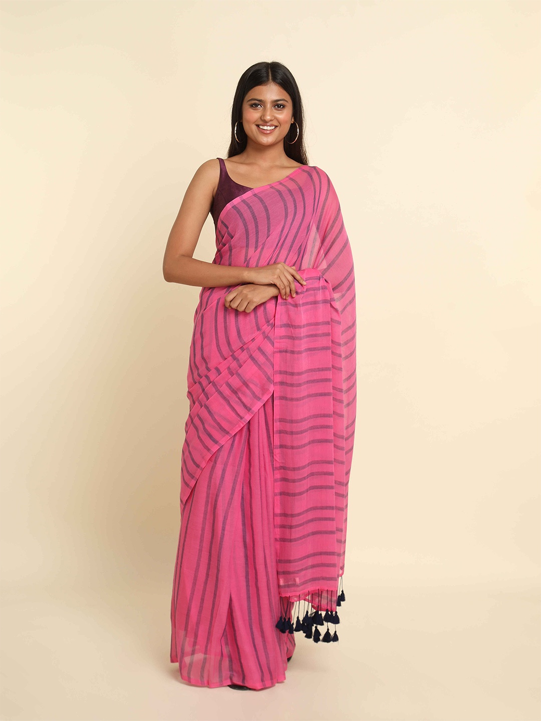 

Suta Pink & Black Striped Pure Cotton Saree