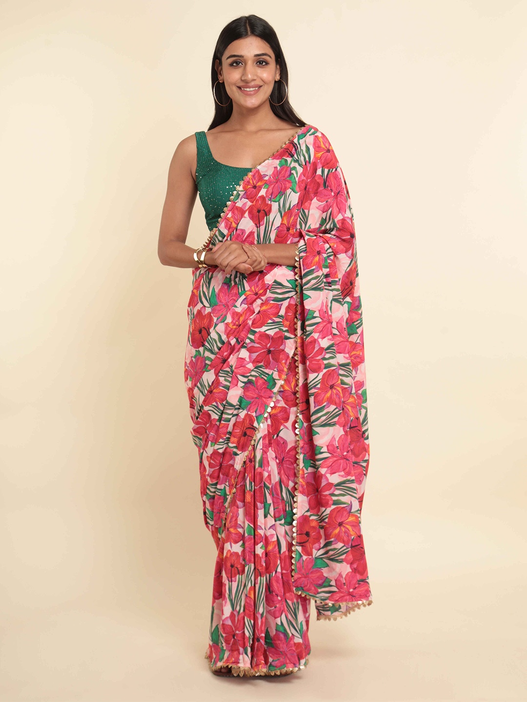 

Suta Pink & Green Floral Printed Saree