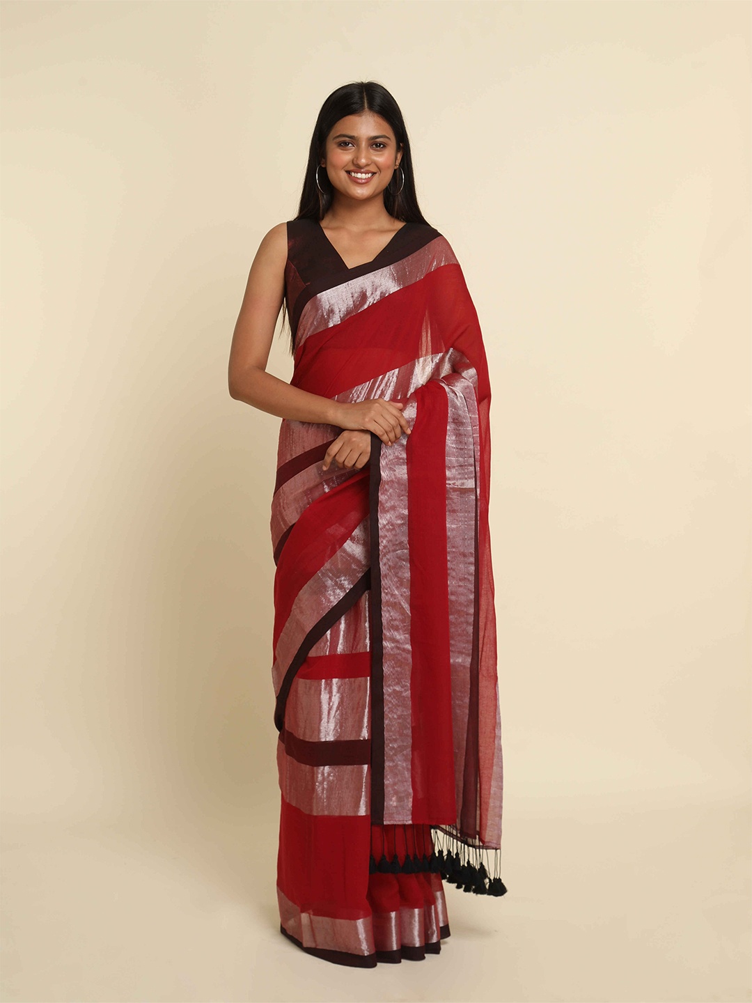 

Suta Red & Silver-Toned Striped Cotton Blend Saree