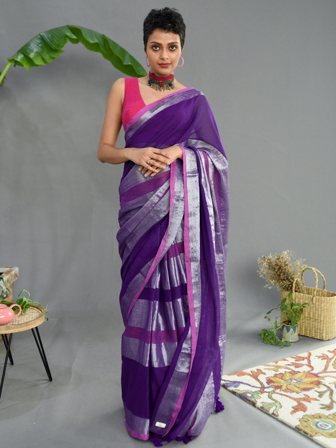 

Suta Blue & Silver-Toned Striped Saree