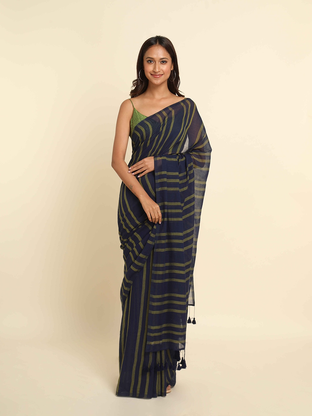 

Suta Navy Blue & Green Striped Pure Cotton Saree