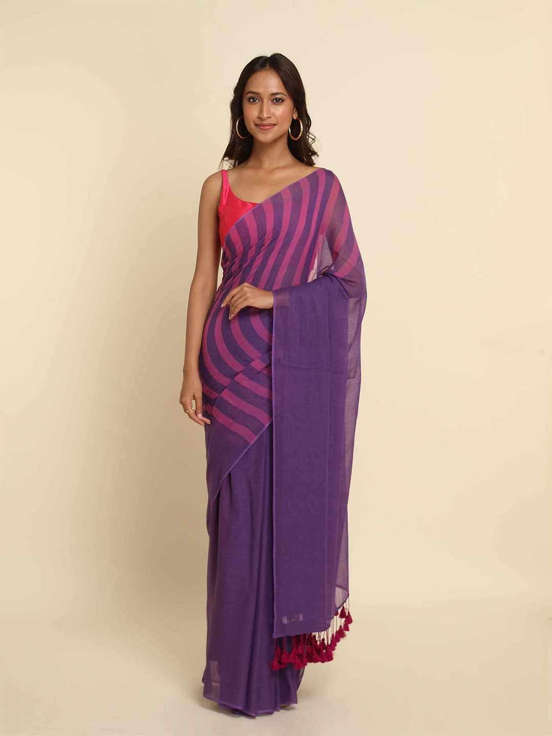 

Suta Purple & Pink Striped Zari Pure Cotton Saree
