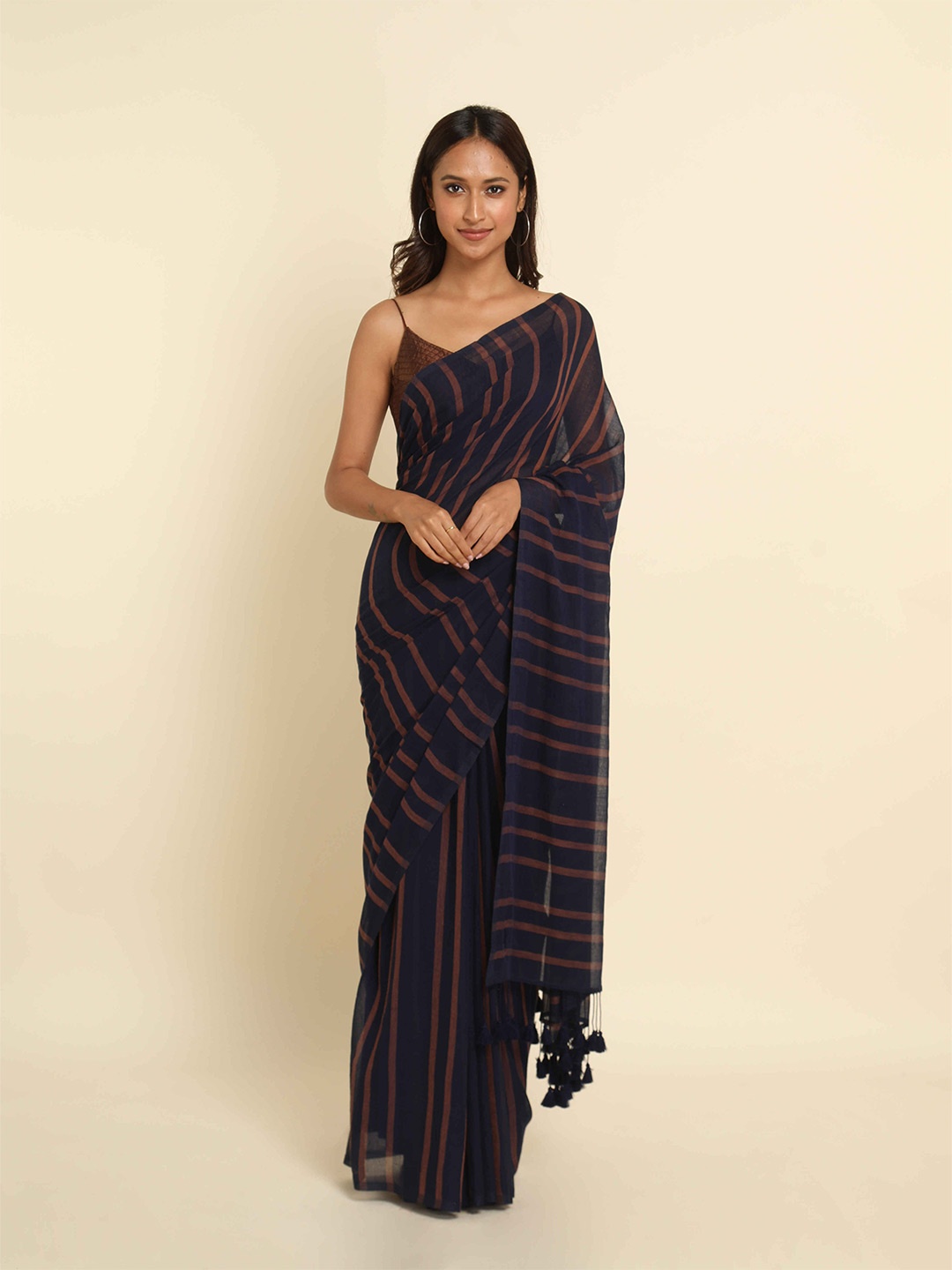 

Suta Navy Blue & Brown Striped Pure Cotton Saree