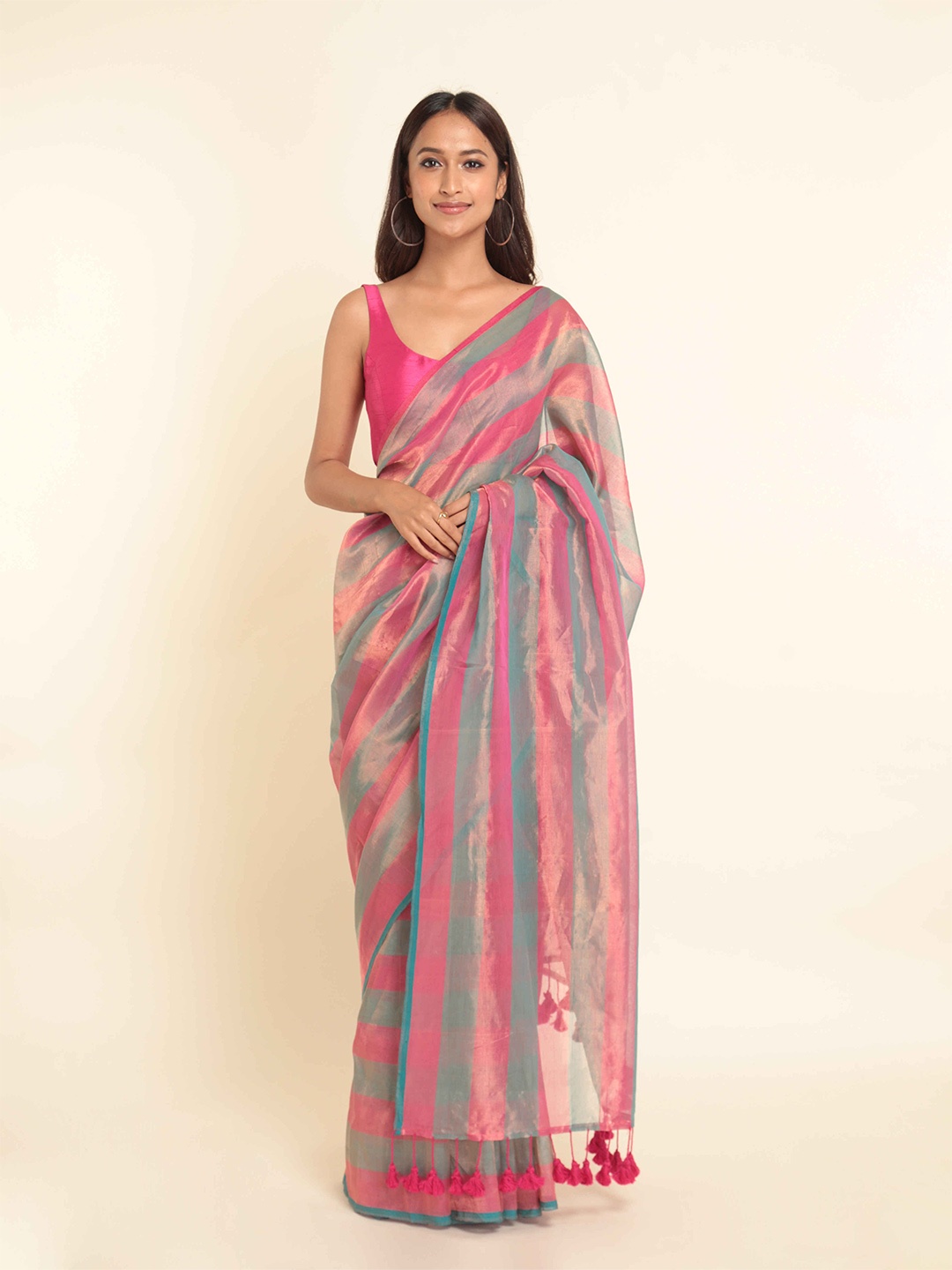 

Suta Pink & Grey Striped Saree