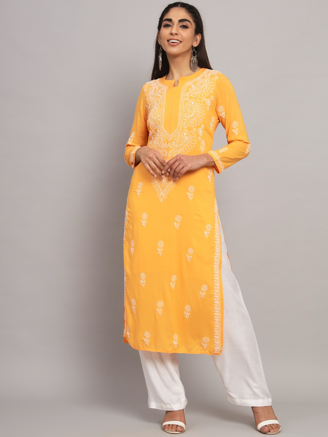 

PARAMOUNT CHIKAN Women Orange Floral Embroidered Chikankari Modal Straight Kurta