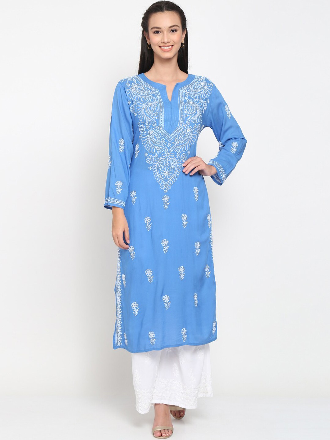 

PARAMOUNT CHIKAN Women Blue Embroidered Chikankari Modal Straight Kurta