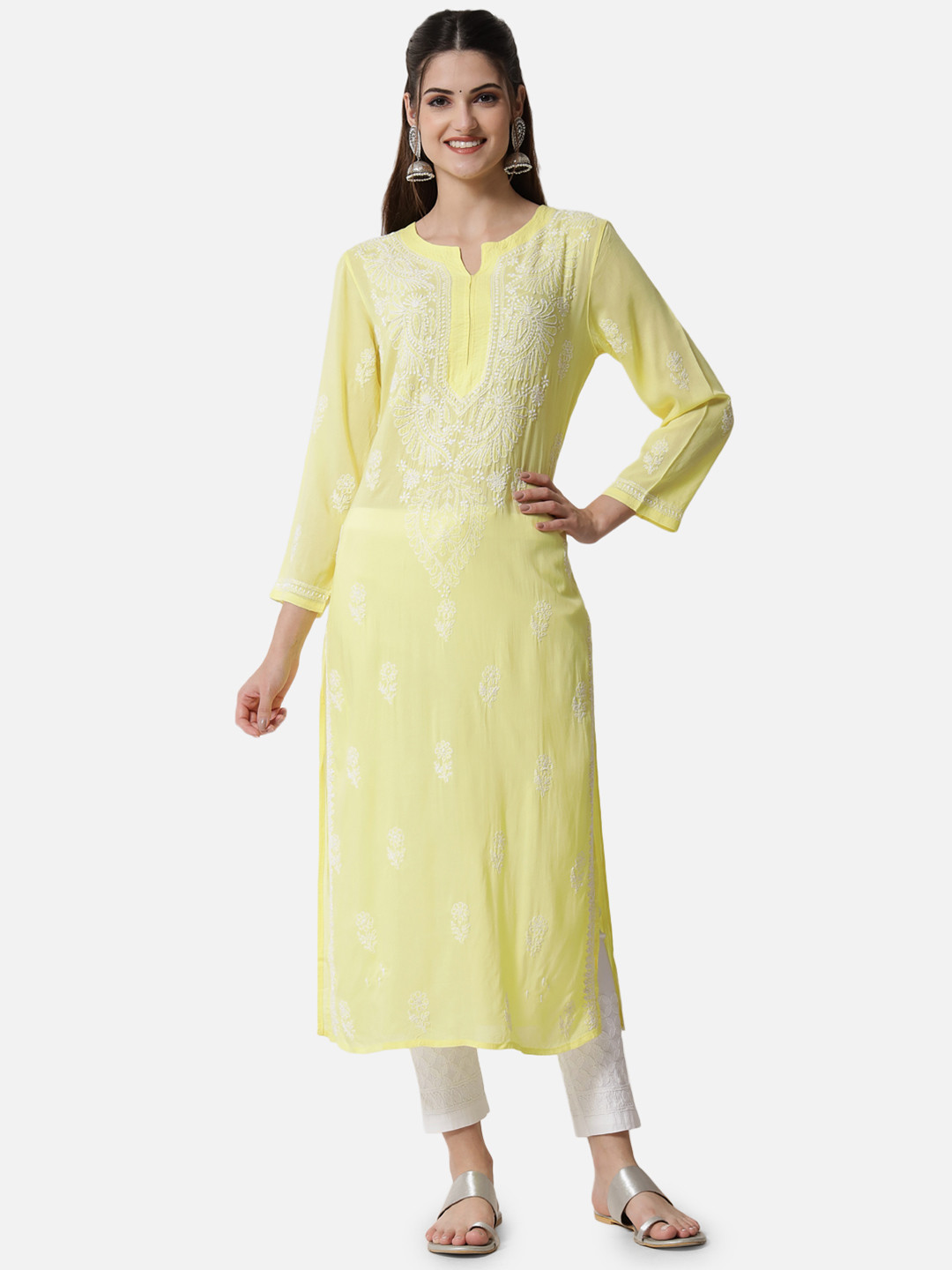 

PARAMOUNT CHIKAN Women Yellow Floral Embroidered Chikankari Modal Straight Kurta